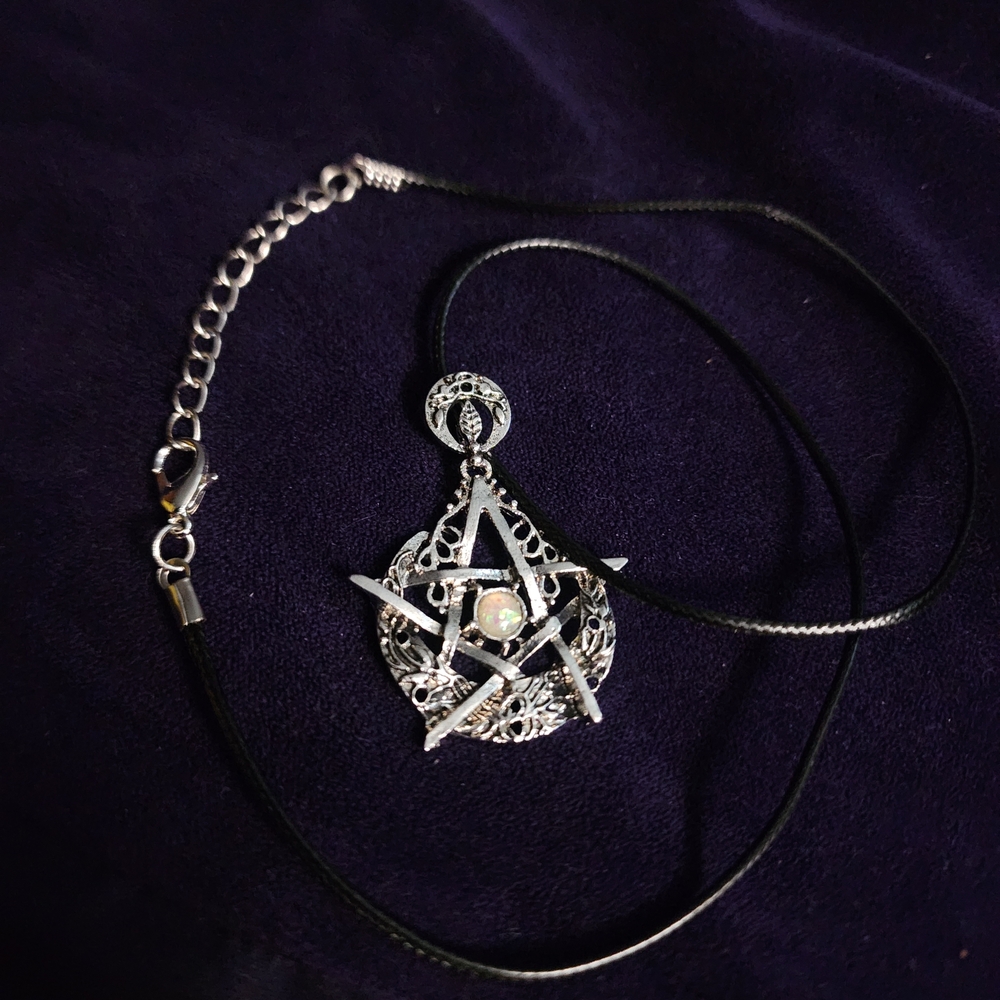 Silver Pentacle Pendant Necklace with Black Cord - Picture 4 of 7